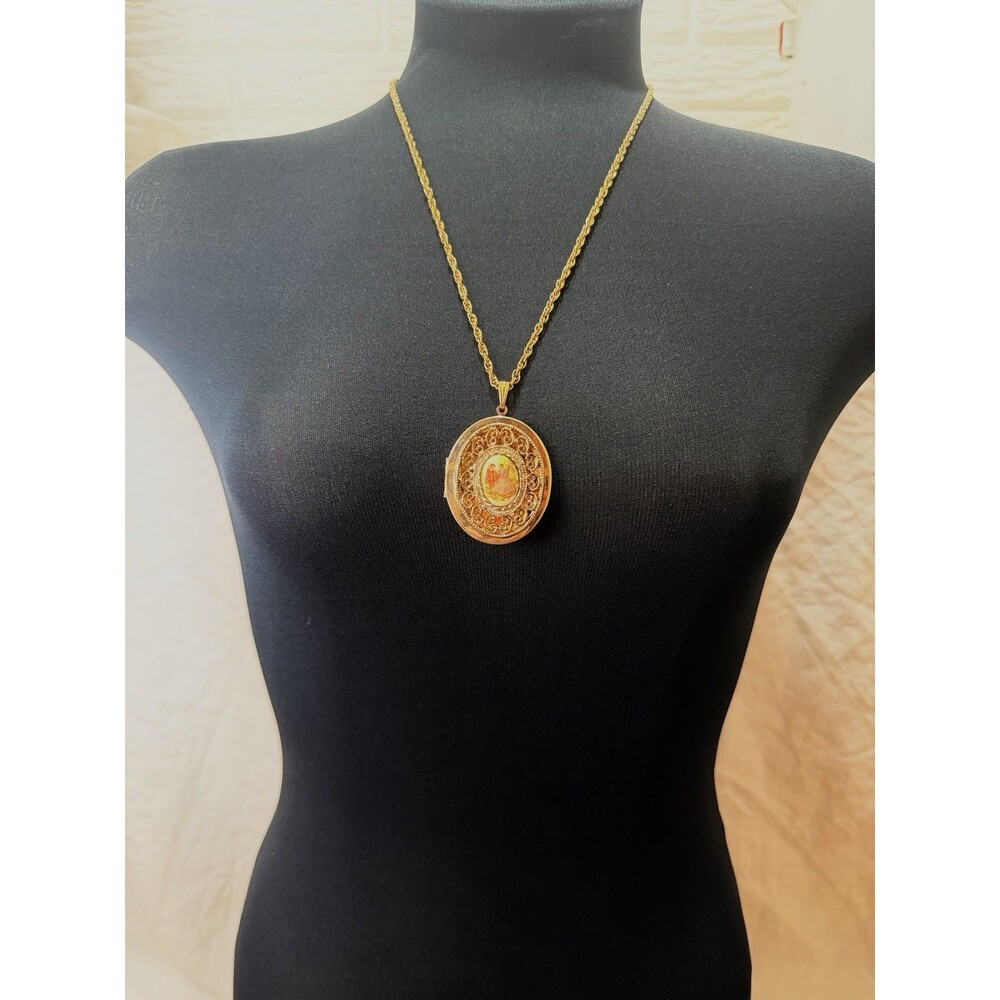 Gold Tone Rope Chain Necklace Oval Religious Locket Pendant, No Stone